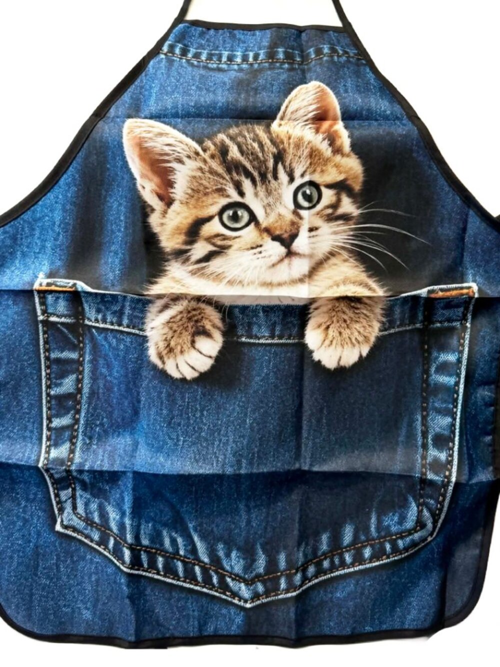 Denim Print APRON w/ Kitten Kitchen Adjustable Unisex BBQ Baking Crafting NWT